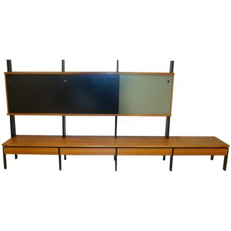 Long Modernist Wall Unit in European Birch and Lacquer